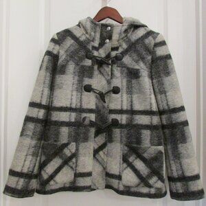 MICHAEL KORS Plaid Wool Blend Hooded Faux Horn Toggle Closure (Vinyl Damage)
